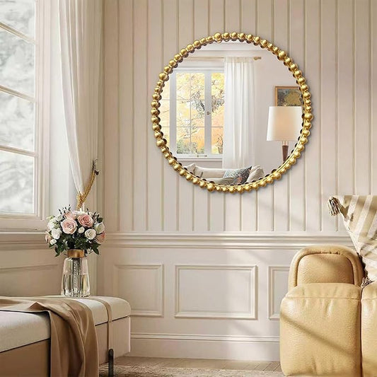 Gold Round Mirror with Beaded Frame ,Circle Antique Bathroom Vanity Mirror Decorative Wall Mirrors for Living Room,Bedroom, Entryway