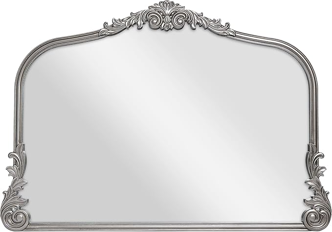 Wylde Iris English Estate Carved Arch Wood Wall Mirror, Mirror for Entryway, Living Room, Bathroom, Antique Silver, 26x37