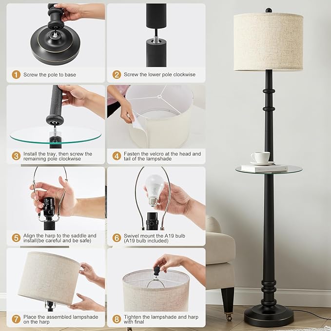 EJIAXIN Floor Lamps for Living Room with Side Table - 60" Resin Farmhouse Floor Lamp with Adjustable Color Temperatures - Vintage Standing Lamp Reading Light Retro Tall Lamp for Bedroom Office, Black