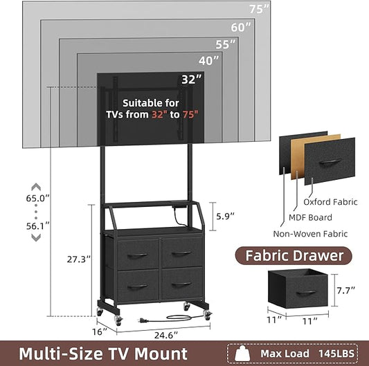 Rolling TV Stand with Mount & 4 Fabric Drawers - TV Stand with Wheels for 32-75" TV, Entertainment Center & Console Table for Living Room or Bedroom, Modern Television Stand with Storage, Black