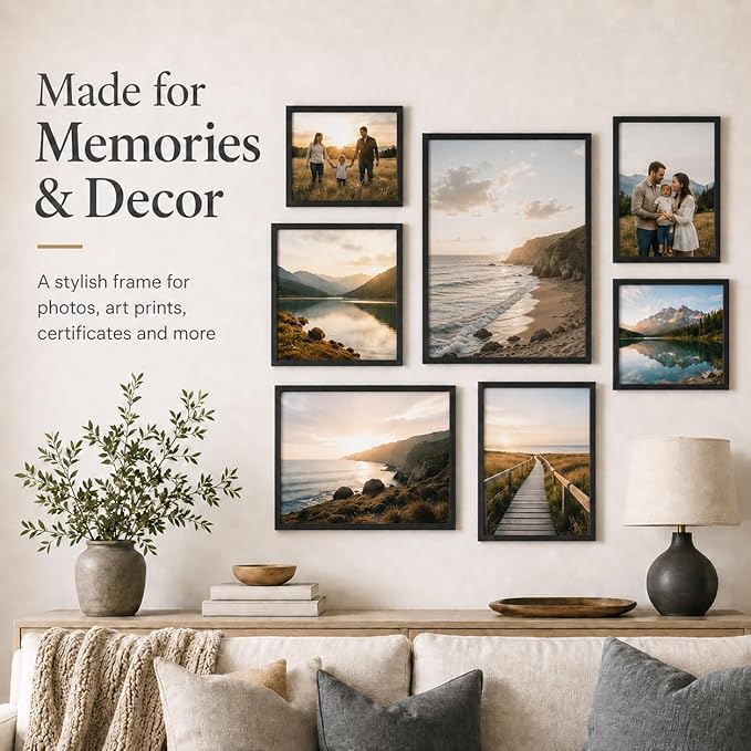 JCJMY 9x11 Picture Frame Set of 6 Black for Wall Hanging or Tabletop, Wall Mounting Horizontally or Vertically, 9 x 11 Wall Gallery Poster Photo Frames for 9 by 11 Photo,6 Pack, Black