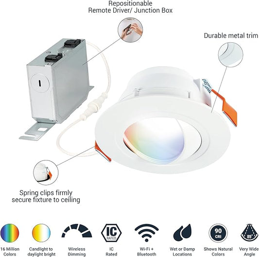 HALO 6 in Smart Wi-Fi Canless LED Recessed Downlight Connected by WiZ Pro with Adjustable Gimbal, Dimmable Full Color Changing, SpaceSense Motion Detection, Smart Home Compatible - RAWZC610