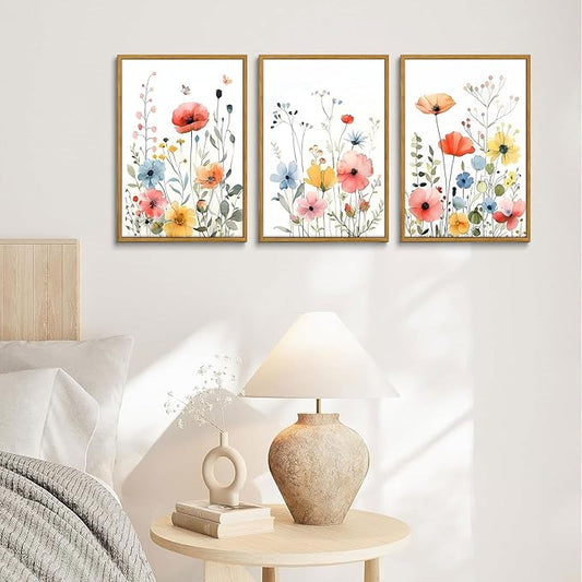 KISSFOX Colorful Wildflower Canvas Wall Art Set Of 3 Flowers Pictures Prints Flowers Printing Floral Watercolors Flower wall Decor Living Room Girls Bedroom Bathroom (White, 12"x16" Natural Framed, Framed)