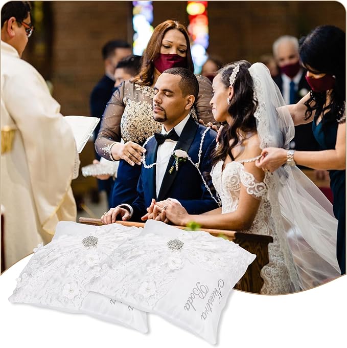 Nuestra Boda Wedding Kneeling Pillows Cover Set of 2, 16 x 16 Inch Embroidered Prayer Pillow for Kneeling, Satin and Lace White/Silver, Decoracion for Bodas
