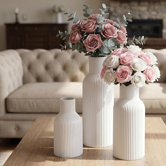 White Ceramic Flower Vases Set of 3, Modern Matte Vertical Ribbed, Nordic Minimalist Decor for Pampas, Dried & Fresh Flowers, Centerpiece for Living Room, Shelf, Entryway, Wedding,Office