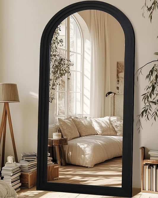 Full Length Mirror, 76"x34" Wooden Mirror Full Length with Stand Wood Floor Mirror, Oversized Stand Up Mirrors Large Wall Mirrors, Wall Mounted Mirrors, Arched Wood Style, Black