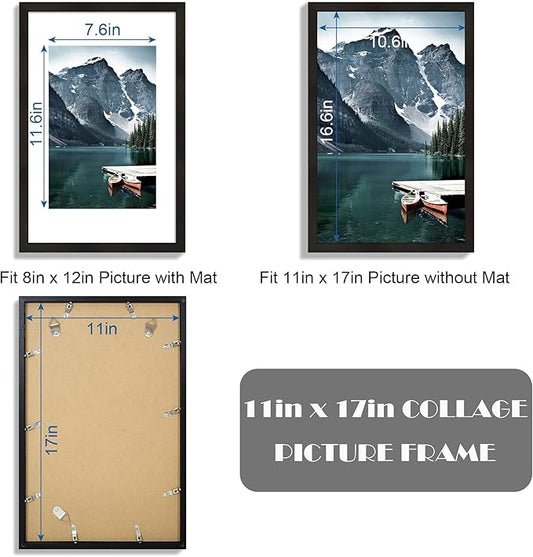 Hongkee 11x17 Picture Frame Set of 3 - Display 8x12 Photo with Mat or 11 x 17 Poster without Mat, Wall Mounting Horizontal and Vertical, Black