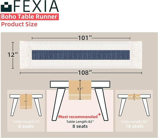 FEXIA Boho Blue Table Runner 108 Inches Long with Tassels Macrame Farmhouse Summer Style Graduation Party Rustic Wedding Baby Shower Dining Kitchen Living Room Decor (12x108 Inches)