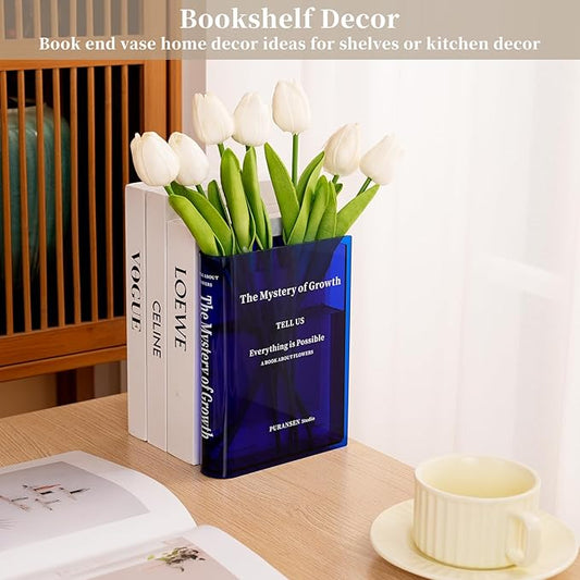 Puransen Blue Book-Shaped Vase for Flowers - Aesthetic Room Decor for Modern Home/Office, Minimalist Shelf Organizer with Floral Display, for Book Lovers & Interior Design Enthusiasts