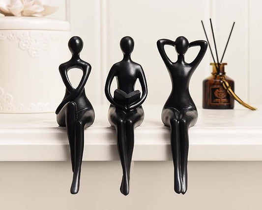 Quoowiit Black Thinker Statue Book Shelf Decor, Minimalist Modern Home Decor Collectable Figurines Office Desk Unique Coffee Table Decorations for Living Room 3 Piece
