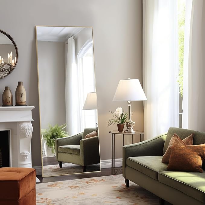 Mirror Full Length, Upgraded 16"x59" Body Wall Mirrors with Shatter-Proof Glass, Floor Standing, Hanging or Leaning, Tall Mirror with Stand Aluminum Alloy Frame for Bedroom, Gold