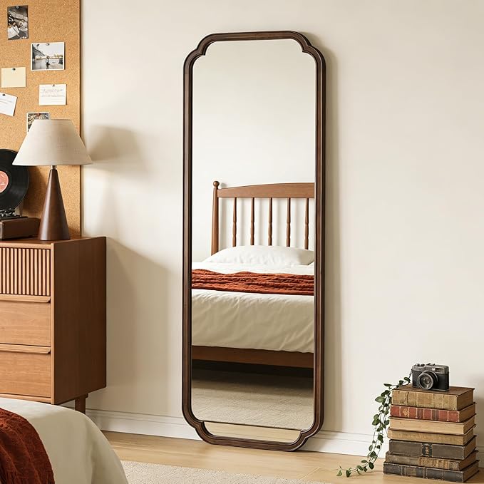 HOMECOOKIN Full Length Mirror Wall Mounted, Rustic Wooden Frame Floor Mirror, Rounded Corner Large Full Body Mirror for Bedroom,Dressing Room, Leaning or Hanging Against Wall (Walnut, 22" L x 65" W)
