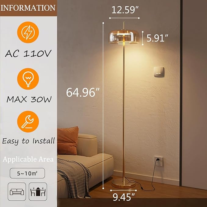 MIXL-Hand-Blown Glass Floor Lamp with Sturdy Base,Minimalist Amber Bedside Lamp with Round Shade,Nordic Style Tall Lamp for Reading Study Room and Dining Room