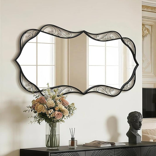 Besdomus Black Bathroom Wall Mirror: 24"x48" Scalloped Modern Large Vanity Mirror for Wall - Farmhouse Decorative Vertical or Horizontal Hanging - Wall Decor for Living Room/Entryway/Bathroom/Bedroom