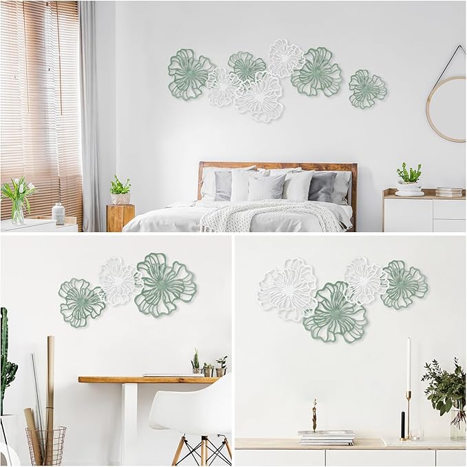 7 Piece Metal Wall Decor for Living Room, Boho Double Layered Iron Flower Wall Hanging Art, Aesthetic Indoor Metal Wall Sculpture Decor for Bedroom Kitchen Bathroom Farmhouse Home Office, Green-White