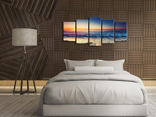 Pyradecor Ocean Seascape Canvas Prints Wall Art Sea Beach Pictures Paintings for Living Room Bedroom Home Decorations 5 Piece Modern Stretched Ready to Hang Landscape Artwork