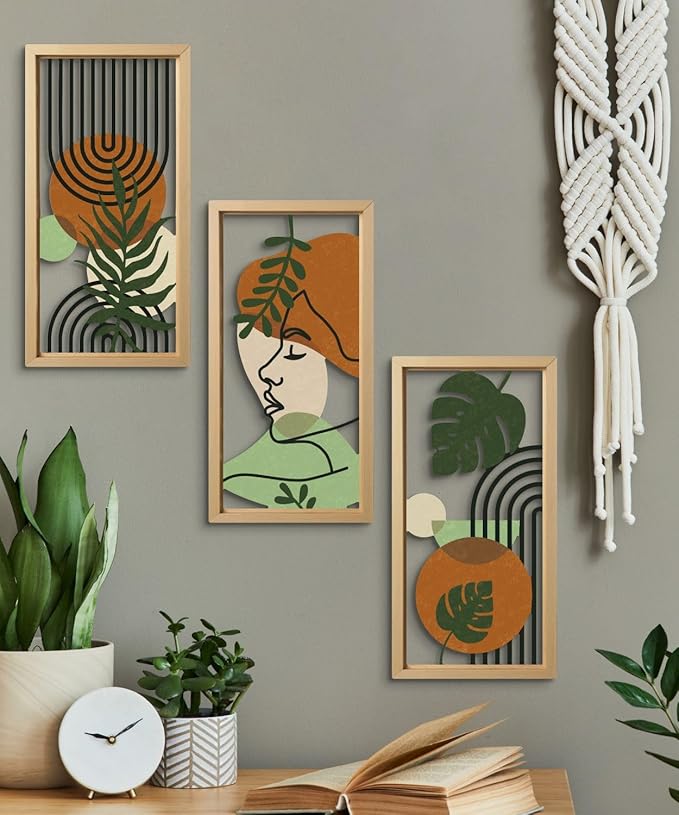 Putuo Decor Set of 3 Boho Wall Decor with Woman Face, Abstract Wall Art Botanical Cut-Out MDF Panels, Mid-Century Modern Aesthetic Artwork for Bedroom Living Room Office