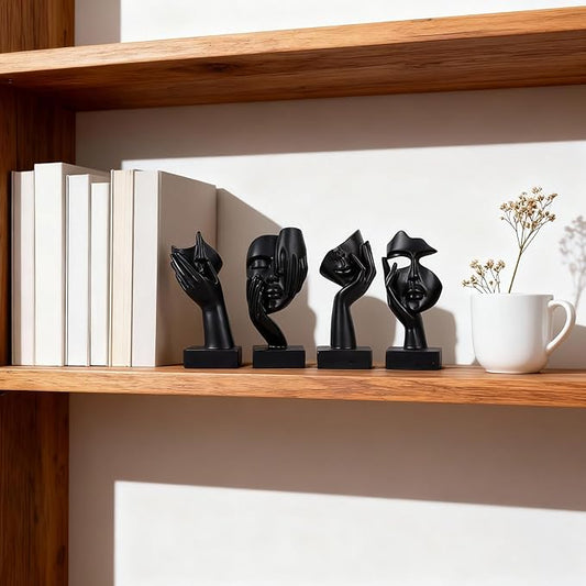 Black Abstract Thinker Figurine Set of 4, Home Art Face Small Statue for Accents Decor Women Bedroom Shelf Bookcase Room Desk, TV Stand, Coffee Table Decor, for Women Art Decor Gifts (Black)
