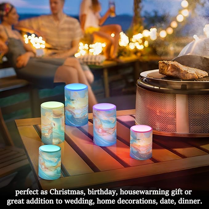 ALAZA Orange Teal Blue Marble Flickering Flameless Candles Battery Operated with Remote Timer,Tea Light Candles LED Pillar Votive Candles Set of 2 for Outdoor Indoor Decorations