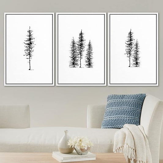 SIGNLEADER Framed Canvas Print Wall Art Three Pine Tree Portraits Nature Flower Drawings Modern Art Zen Scenic Relax/Calm Black and White for Living Room, Bedroom, Office - 24"x36"x3 WHITE