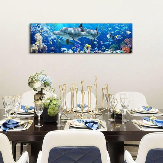 Ocean Dolphin Wall Art for Bathroom Nautical Theme Picture Photo Coastal Room Decor Nature Blue Seascape Painting Prints Under The Sea World Landscape Poster Artwork Living Room Home Decoration 14x48"