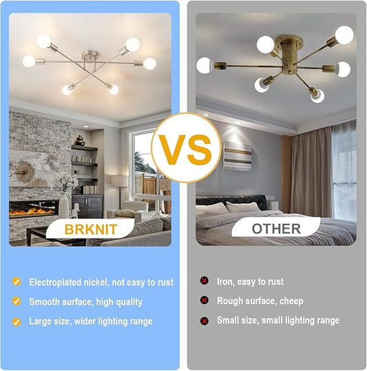 6-Light Modern Sputnik Chandeliers, Silver Mid Century Semi Flush Mount Ceiling Light Fixtures with E26 Base, Industrial Vintage Kitchen Farmhouse Light for Dining Room Bedroom Living Room