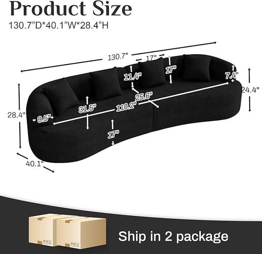 131" Oversized Sectional Sofa for Living Room, Modern Luxury Plush Chenille 4-Seater Extra Deep & Wide Seat Curved Cloud Couch with 4 Throw Pillows, No Assembly Needed (Black)