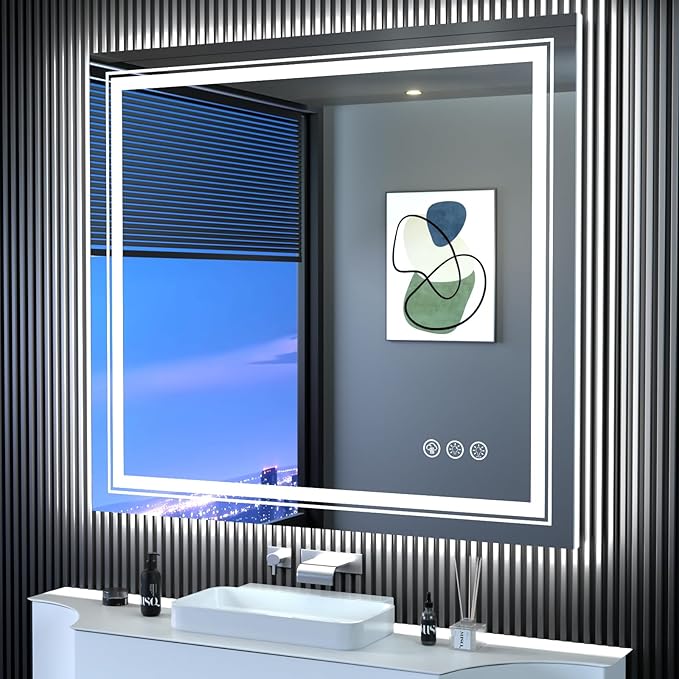 Snowdool LED Mirror for Bathroom, 40"X36" with 8 RGB Backlit +3 Front Lit (Adjustable Individually), Anti-Fog, Lighted Bathroom Vanity Mirror for Wall, Shatterproof, Memory Function, Tempered Glass