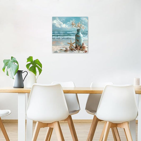 LB Coastal Starfish with White Flower in Vintage Vase on Teal Beach Scene Canvas Wall Art Decor for Living Room, Bedroom, Bathroom, Office - Framed Ready to Hang 12L x 12W