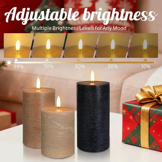LEDHOLYT Rechargeable Flameless LED Pillar Candles–Luminous Real Wax Indoor Home Decor–Set of 3, Realistic Flickering LED Flame,Remote & Timer, USB-Rechargeable(Caramel Beige)