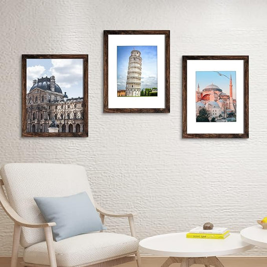 SESEAT 11x14 Picture Frame Set of 10, Display Pictures 8x10 With mat or 11x14 Prints Without Mat, Wall Mounting, Brown