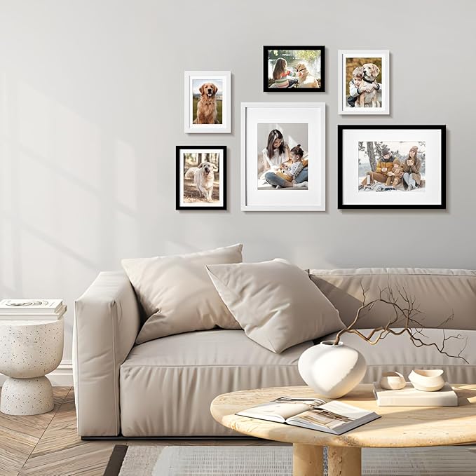 5x7 Picture Frame Set of 6, Display 4x6 with Mat or 5x7 Without Mat, Photo Frames for Wall Mounting or Table Top Display,Collage Wall Decor Gallery Wall Frame Set,Black