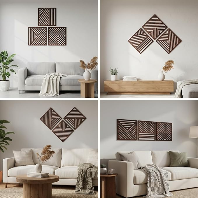 Yerliker 16×16 Inch Boho Wooden Wall Sculptures Geometric Abstract Wood Wall Art Decor Set of 3 Slatted Wood Design for Living Room Bedroom Office Rustic Home Decoration