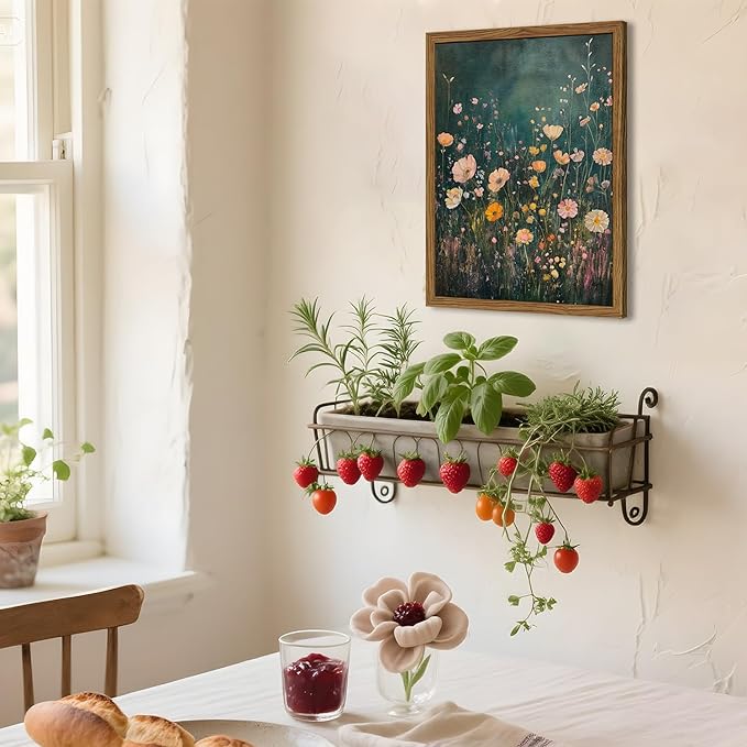 Dark Wildflower Wall Art Vintage Moody Flower Botanical Wall Decor Painting Cottagecore Floral Plant Artwork 3D Textured Sandstone for Living Room Bedroom 12x16 inch Wood Framed