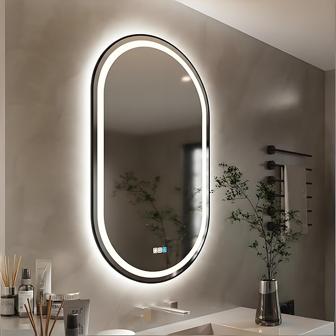 28x36 inches Oval Aluminum Black Framed LED Mirror, Smart Bathroom Mirror with Lights, Anti-Fog, Tempered Glass, 3 Colors Dimmable, Front and Backlit, Wall Mounted, Memory