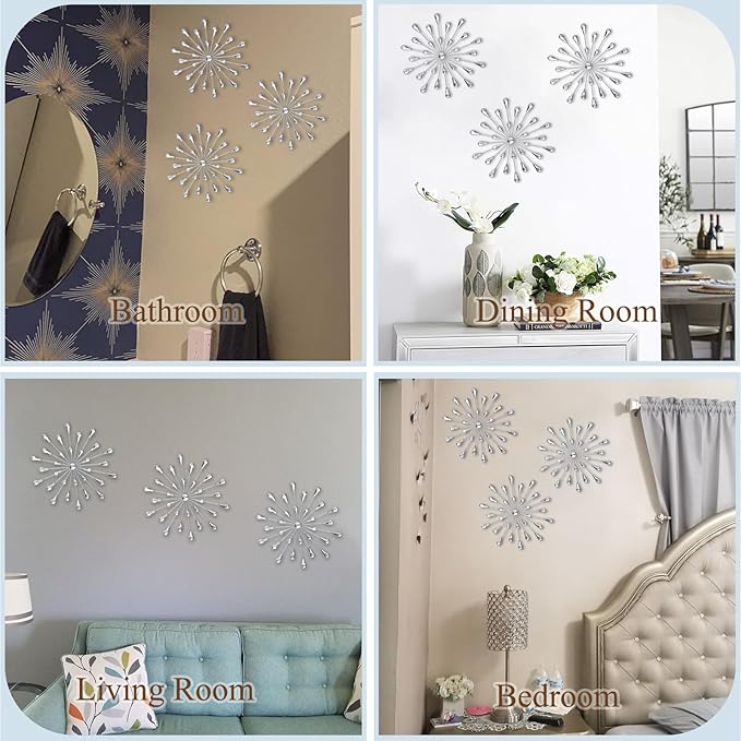 DXYAKY Set of 3 Silver Starburst Metal Wall Art Decor, 11.8 Inch Sparkling Diamond Star Jeweled Teardrop, Elegant Rhinestone Crystal Home Decor Accents, Living Room Bedroom Decorative Wall Sculpture