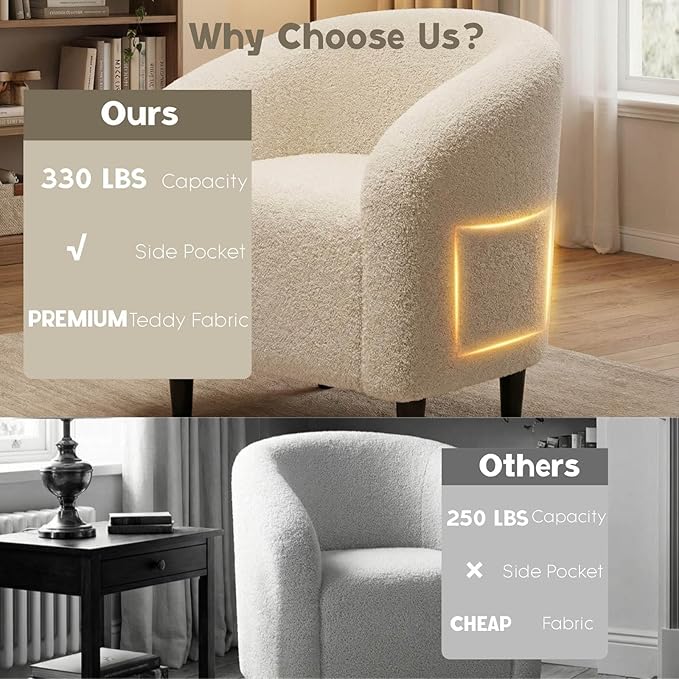 Modern Accent Barrel Chair, Comfy Teddy Fabric Club Armchair with Side Pocket, Easy Assembly Living Room Corner Chair for Bedroom, Office, Reception Space