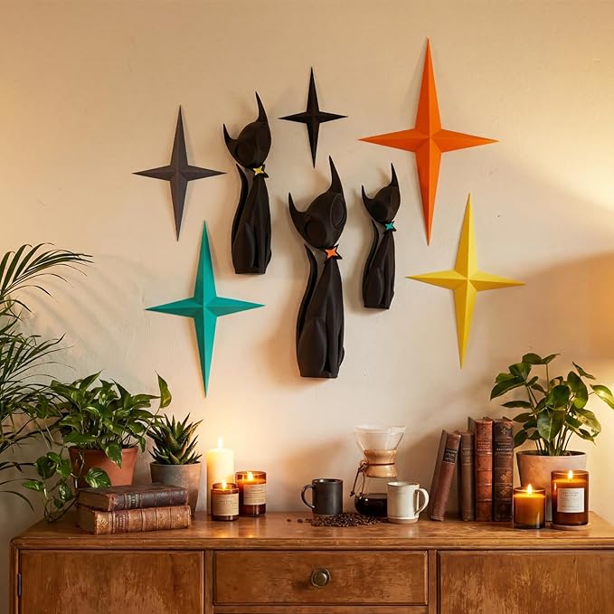Otoolling 8 Pcs Mid Century Modern Decoration Mcm Retro 3D Atomic Cat Colorful Stars Starburst Wall Art Sculpture for Home Office Living Room Kitchen Bathroom Laundry Room Wall Decor Cat Lovers Gifts