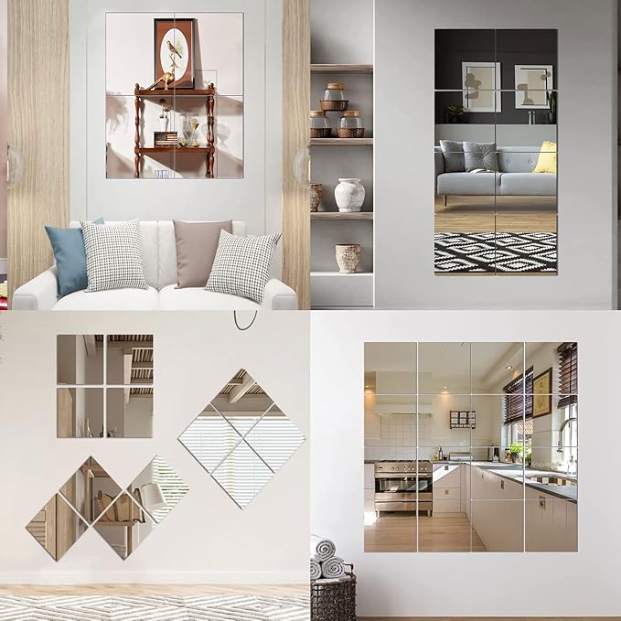 10Pcs Acrylic Mirror Tiles for Wall Decor, 4'' x 6'' x 0.07'' Rectangular Wall Mirror Sheet with Adhesive Stickers for Bathroom, Bedroom, Living Room, Home, Tables Centerpieces Decor