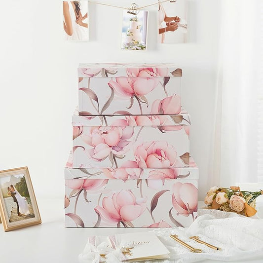 Soul & Lane Decorative Cardboard Storage Boxes with Lids for Home Decor and Organization, Set of 3 Large Keepsake Boxes for Memories & Gifts, Nesting Floral Photo Storage Containers, Peonies Paradise