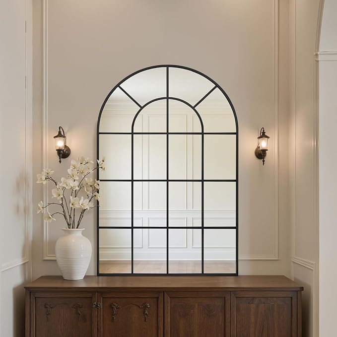 Anpark Arched Windowpane Wall Mirror 24"x36" Black Wall Mounted Art Pane Mirror Farmhouse Decorative Mirror Leaning Hanging Wall Mirror for Bedroom Living Room Entrance Hallway Wall Decor