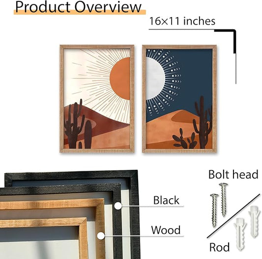 SRSZHIYUE Desert Cactus Landscape Day and Night Wall Art 16x11 Inch 2 Pieces Boho Abstract Wall Decor for Living Room Wooden Framed Hanging (Wood)