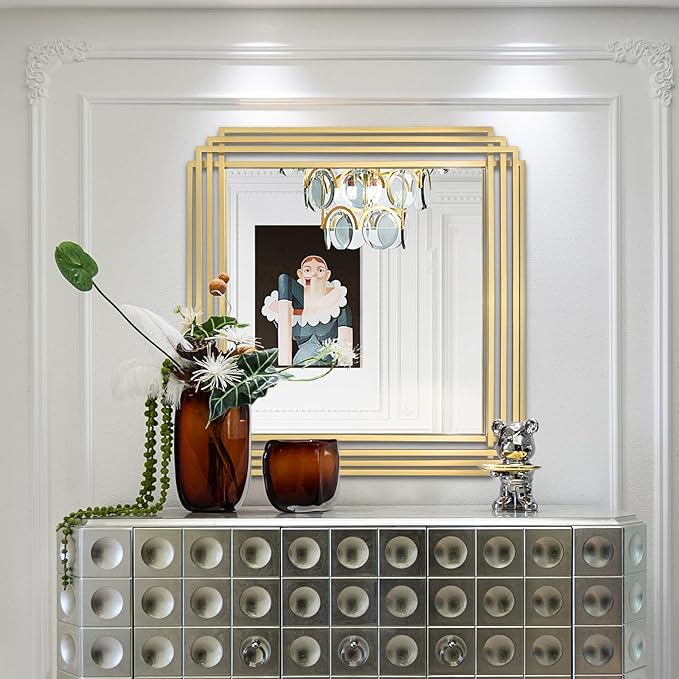 Gold Geometric Mirrors, 24"x24" Art Deco Elegant Mirror with Metal Frame, Modern Square Aesthetic Wall Mirrors for Living Room Bedroom Entryway, Horizontal or Vertical Hanging