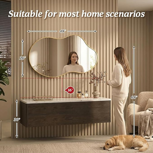 Irregular Asymmetrical Wall Mirror 26x48 Inches - Decorative Tempered Glass with Modern Aluminum Alloy Frame, Gold Abstract Cloud Mirror for Bathroom, Bedroom, Living Room, Entryway, Cloakroom