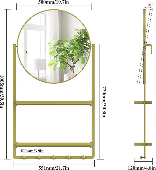 39.5" × 21.7" Gold Round Wall Mirror with Shelf and Hooks, 10° Adjustable Tilt Metal Frame Bathroom Mirror with Shelf for Bedroom, Entryway, Living Room