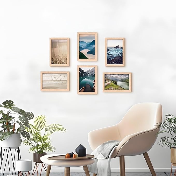 ATOBART 4x6 OAK Natural Wood Photo Frame,6 Pack Picture Frames Plexi Glass front Wall Hanging Gallery for Wall and Tabletop Display,set of 6