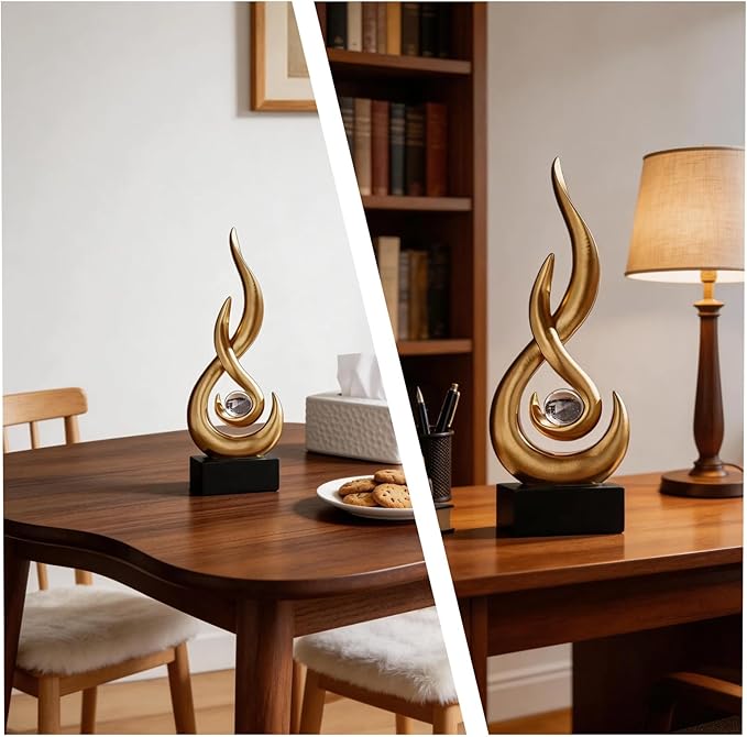 Abstract Golden Flame Art Deco Sculpture - Luxury Living Room Decor with Crystal Ball, Modern Resin Ornament for Home Office
