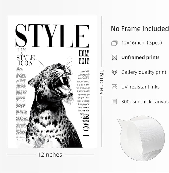 3Pcs Trendy Black and White Leopard Canvas Wall Art Vintage Newspeper Cheetah Wall Decor Fashion Girl Poster Heels Lips Picture Luxury Feminist Painting Print Poster Artwork for Apartment Dorm 12x16in Unframe