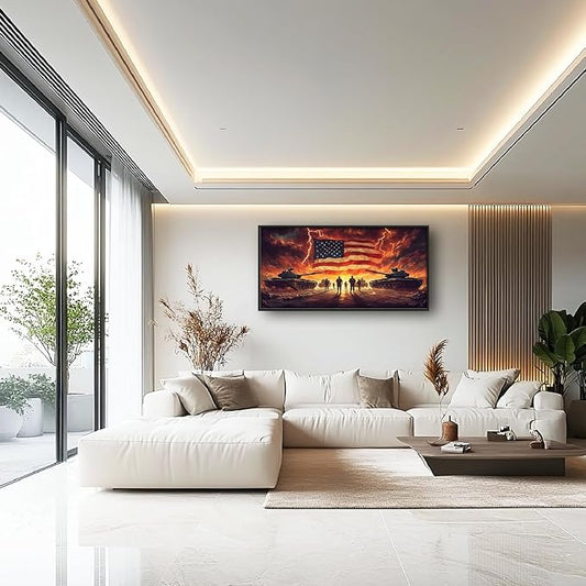 Soldiers Large Wall Art for Living Room Patriotic American Flag Framed Canvas Decor Military Army Veteran Prints Painting Pictures Extra Large Modern Independence Day Artwork for Bedroom Home 30"x60"