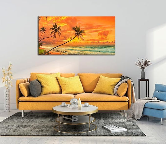 Tropical Beach Sunset Large Wall Art – Stretched & Framed Ocean Waves Canvas Painting, Palm Tree Landscape Farmhause Wall Artwork Decor for living Room Home, Bathroom Office (24x48 Inch)